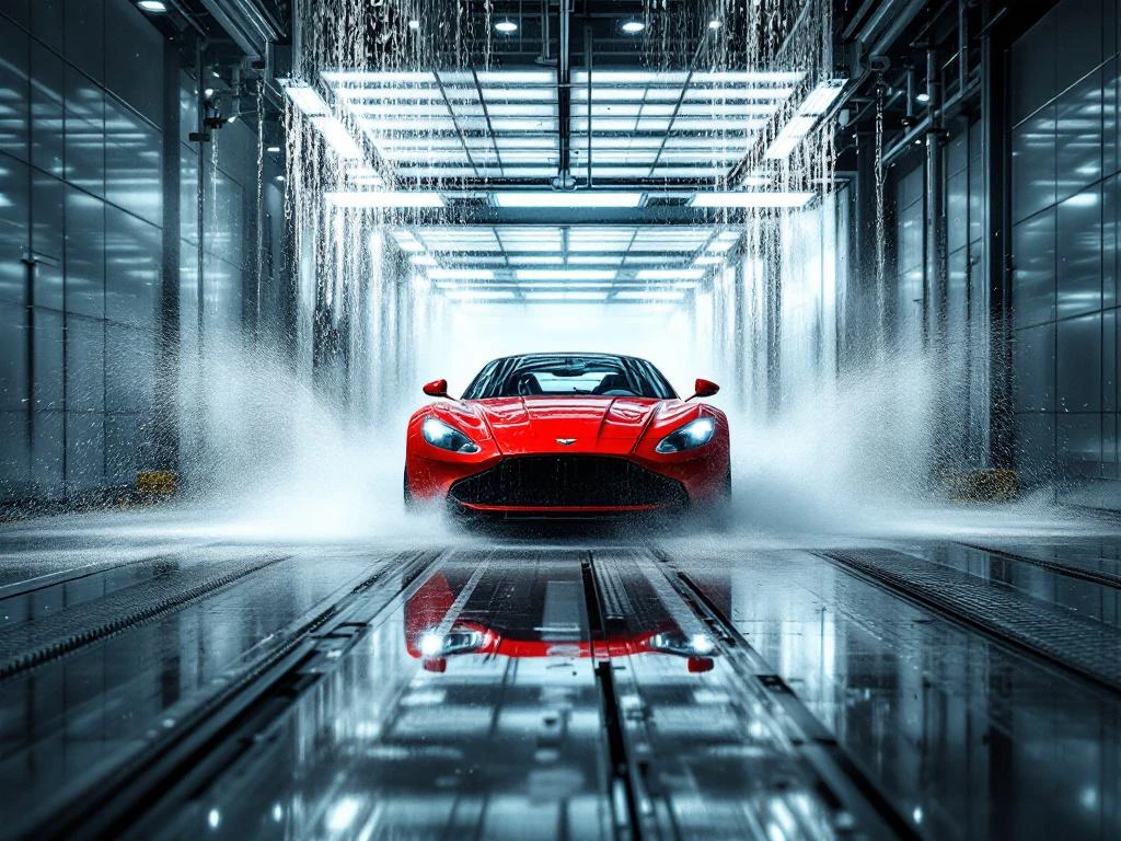 Rode sportwagen in moderne autowasstraat met draaiende borstels en zeepschuim in Katwijk