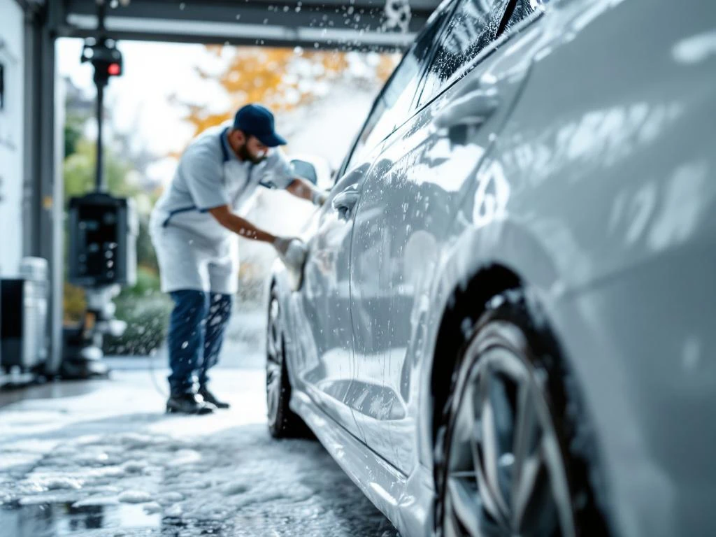 Witte auto wordt professioneel gewassen door medewerker in Nederlandse carwash, zeepsop en waterdruppels zichtbaar