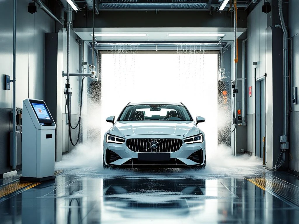 Witte sedan wordt gewassen in moderne Nederlandse wasstraat met automatische borstels en betaalterminal bij ingang