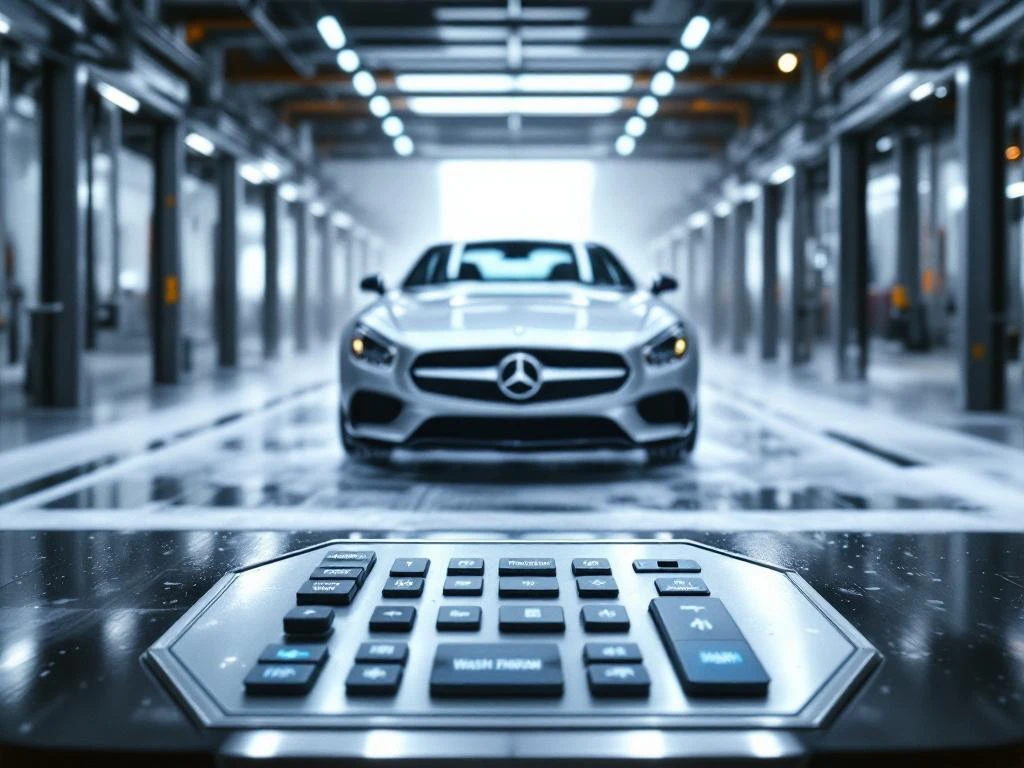 Moderne autowasstraat met bedieningspaneel, zilverauto met zeepsop en meerdere wasboksen op achtergrond