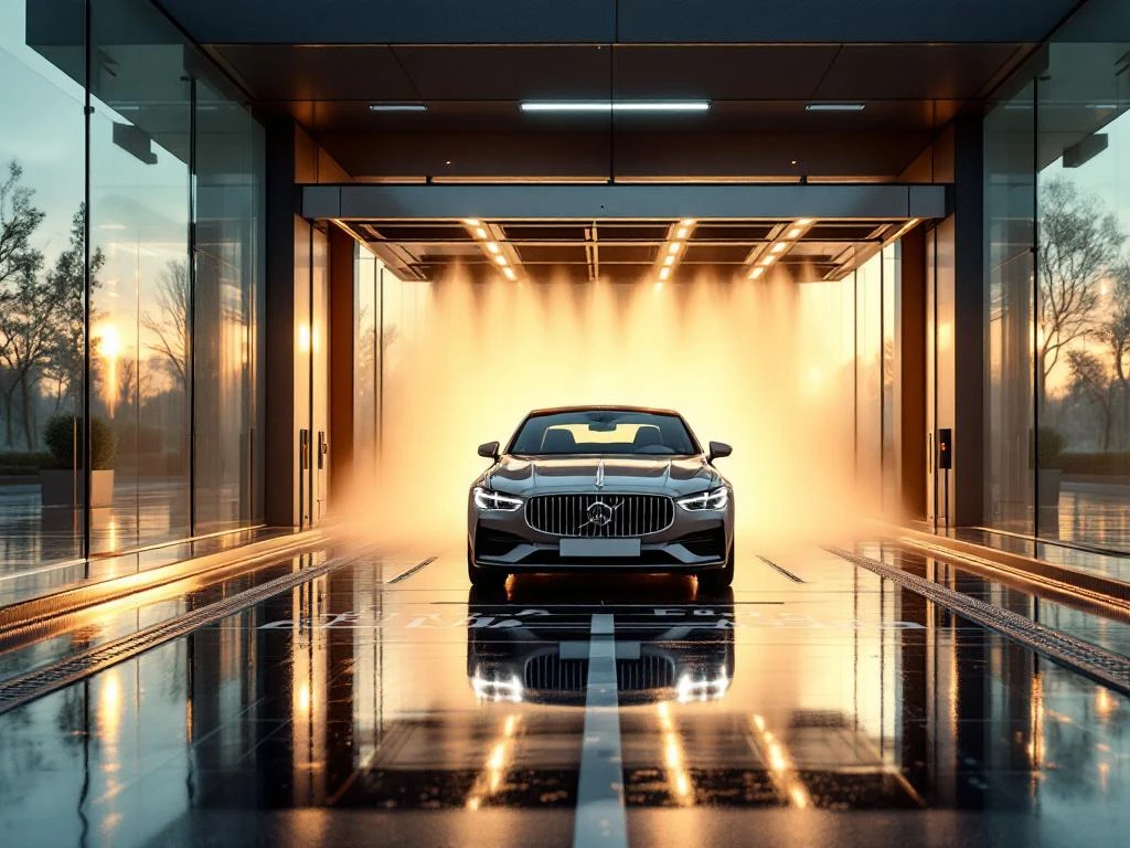 Moderne autowasstraat met snelle banen, luxe sedan bij ingang, natte bestrating reflecteert LED-verlichting
