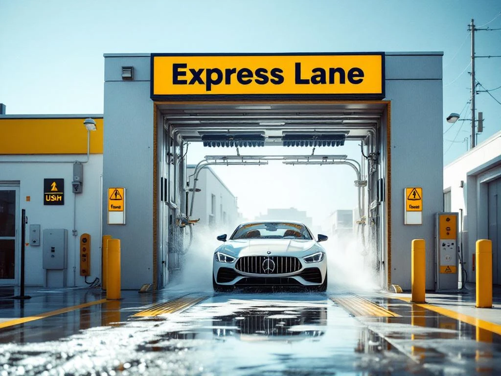 Moderne autowasserij met gele express rijstrook bord boven ingang, luxe sedan wordt gewassen met zeepschuim