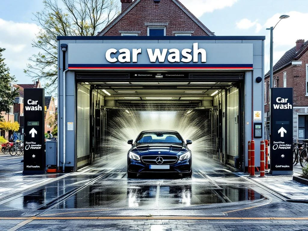 Moderne autowasstraat met draaiende borstels reinigt sedan op Nederlandse straat met bakstenen architectuur in Katwijk