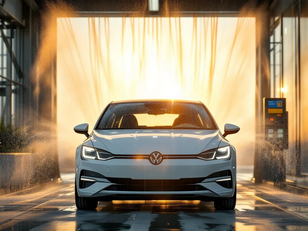 Witte auto bij automatische wasstraat in Katwijk met blauwe waspas op dashboard, zeepschuim op motorkap