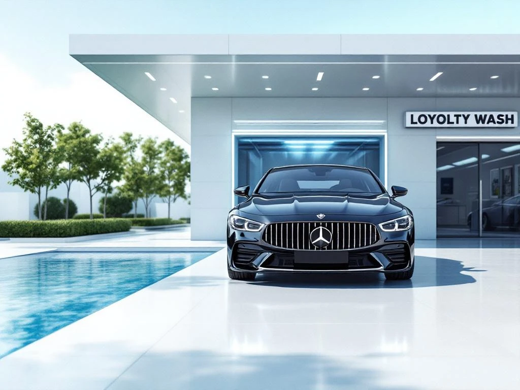 Loyaliteitskaart op dashboard van luxe sedan bij moderne carwash met wit-blauwe gevel in Nederlandse wijk
