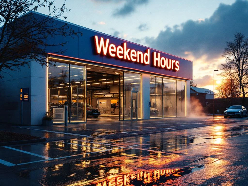 Moderne carwash met wit-blauwe gevel, verlichte openingstijden bord en auto's in de wasstraat tijdens gouden uur