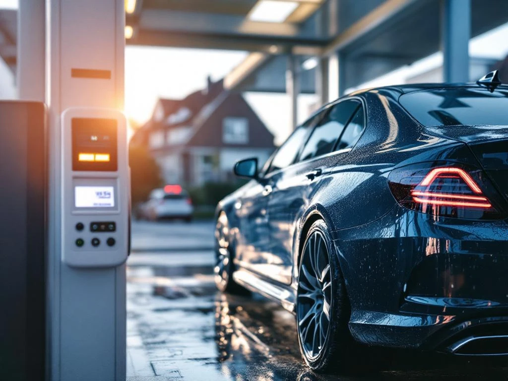 Moderne auto bij geautomatiseerde wasstraat met contactloze betaalterminal, waterdruppels op gepolijste carrosserie