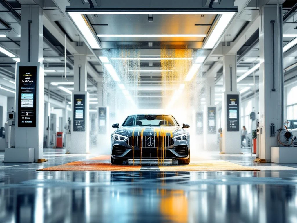 Auto bij moderne wasstraat met kleurrijk schuim en digitale programmakeuze displays in heldere daglichtsetting