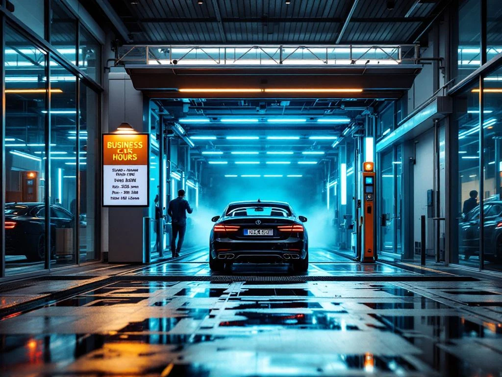Moderne autowasserij met glazen gevel en LED-verlichting, sedan bij ingang, zichtbare automatische borstels binnen