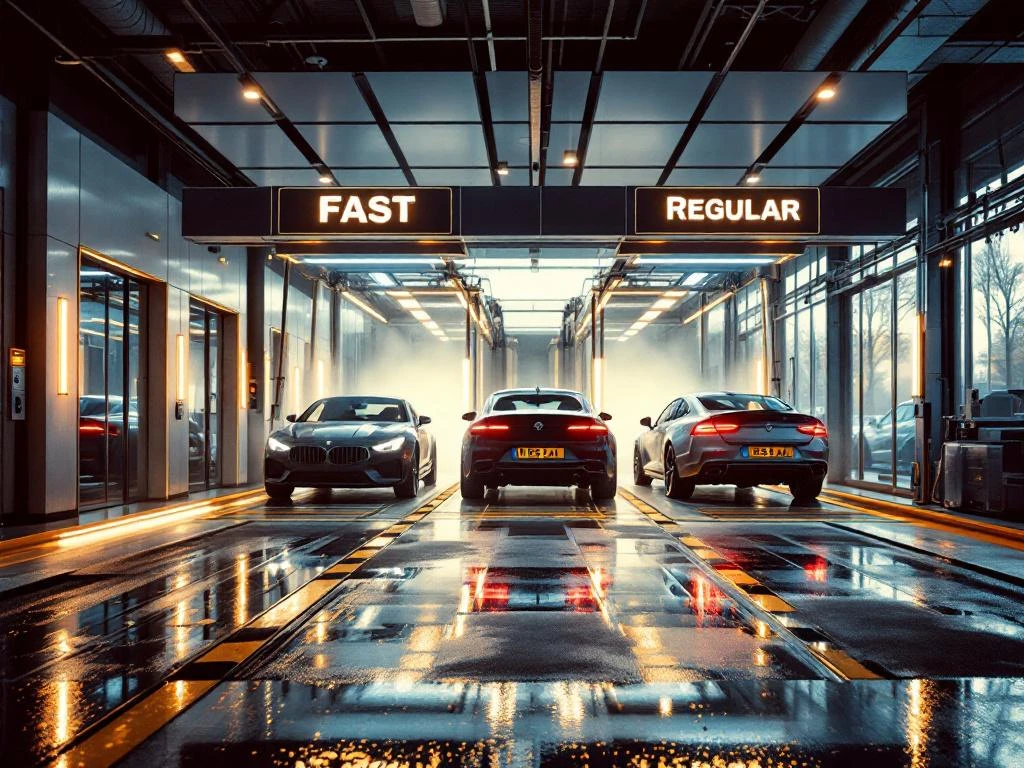 Moderne wasstraat met snelle en reguliere rijbanen, geautomatiseerde apparatuur achter glas, natte bestrating met LED-verlichting