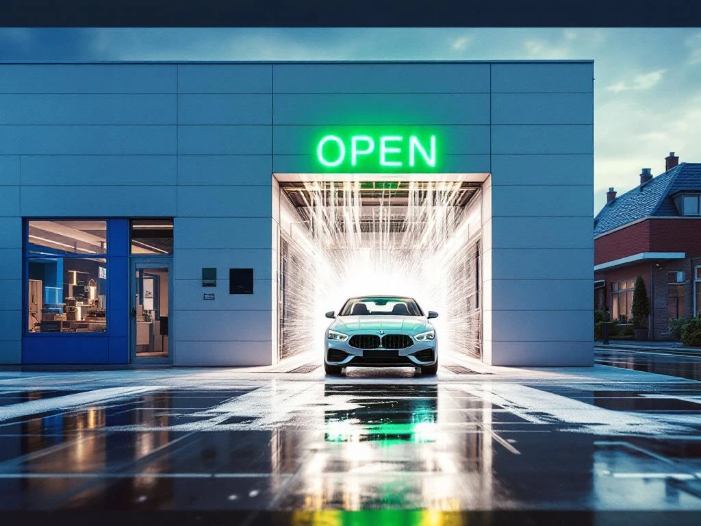 Moderne autowasstraat met verlichte groene OPEN-neon ingang, zilverauto verlaat wasbox, natte bestrating reflecteert gebouw
