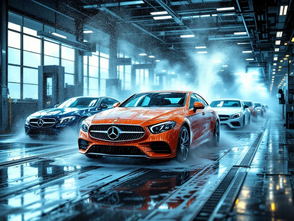 Moderne autowasserij met meerdere voertuigen bedekt in zeepsop en gekleurd schuim tijdens verschillende wasfasen