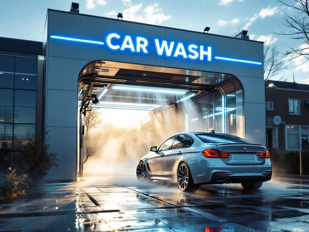 Moderne autowasstraat met zilverkleurige sedan die uit de washal komt, LED-verlichting en waterdruppels in zonlicht