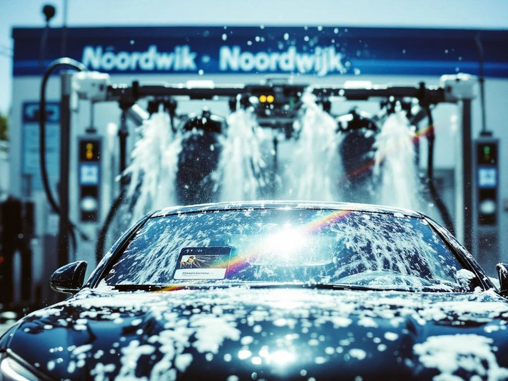 Luxe sedan wordt gewassen in moderne wasstraat in Noordwijk met automatische borstels en zeepsop