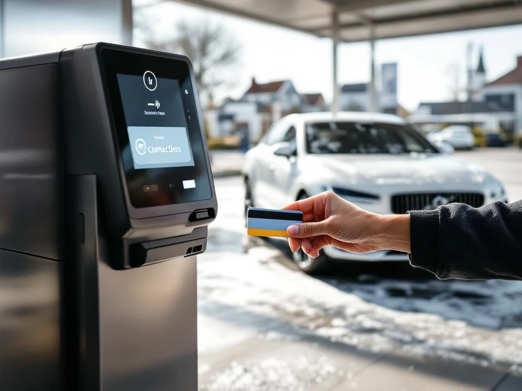 Moderne carwash in Katwijk met contactloze betaalterminal en witte auto met zeepsop in wasstraat