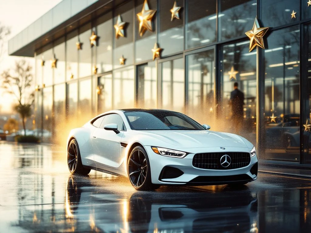 Witte auto bij moderne Nederlandse wasstraat met waterdruppels, gouden zonlicht en sterrenbeoordelingen op glazen gevel