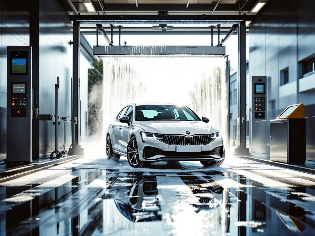 Witte auto met zeepschuim bij ingang van moderne carwash in Wassenaar met digitale betaalterminal en slagboom