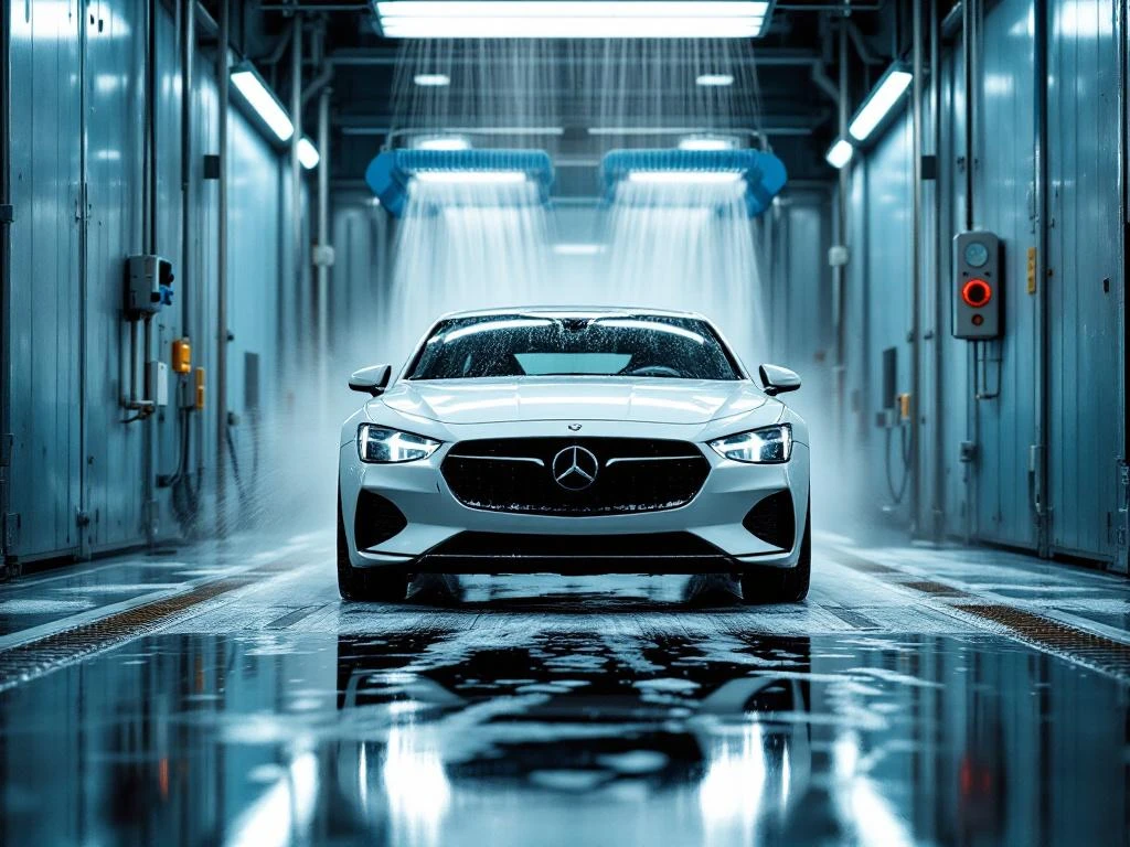 Witte auto bij ingang van geautomatiseerde wasstraat met zeepschuim, chromen borstels en blauwe sproeiers