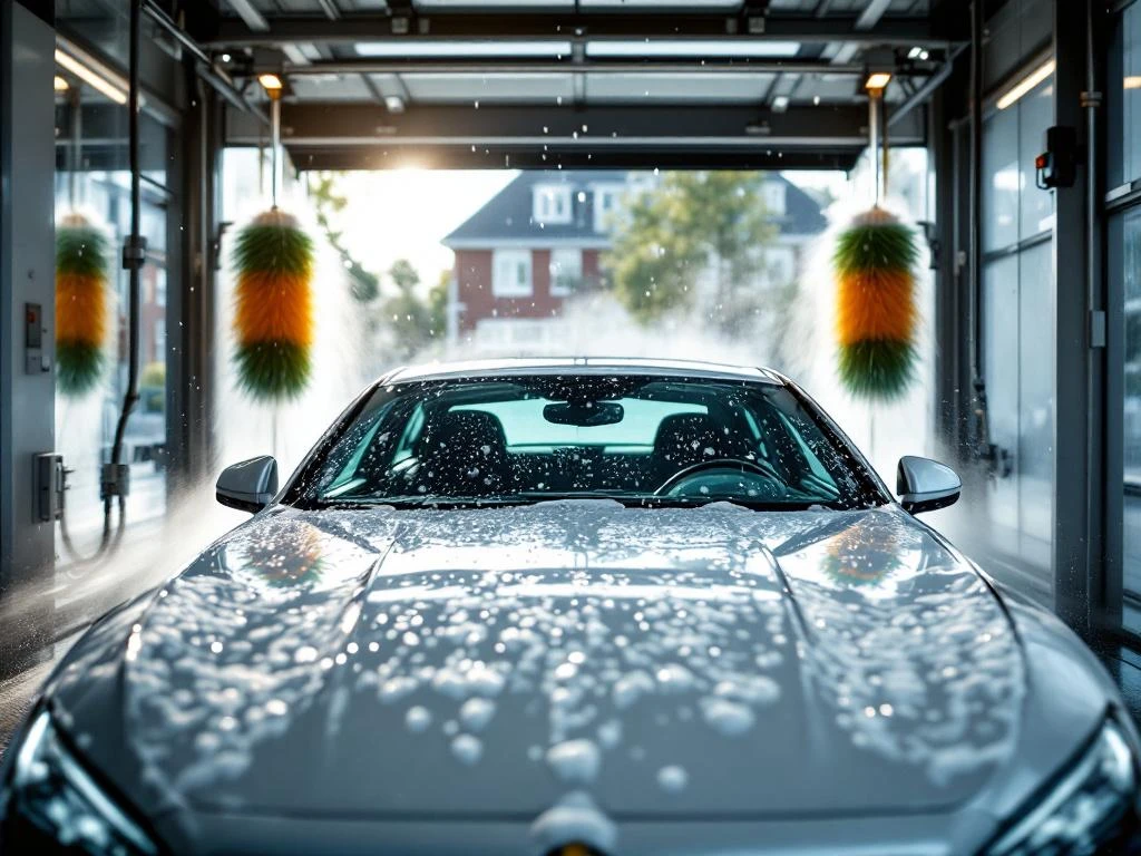 Witte auto wordt gewassen in moderne carwash met draaiende borstels en zeepschuim, Nederlandse voorstad op achtergrond
