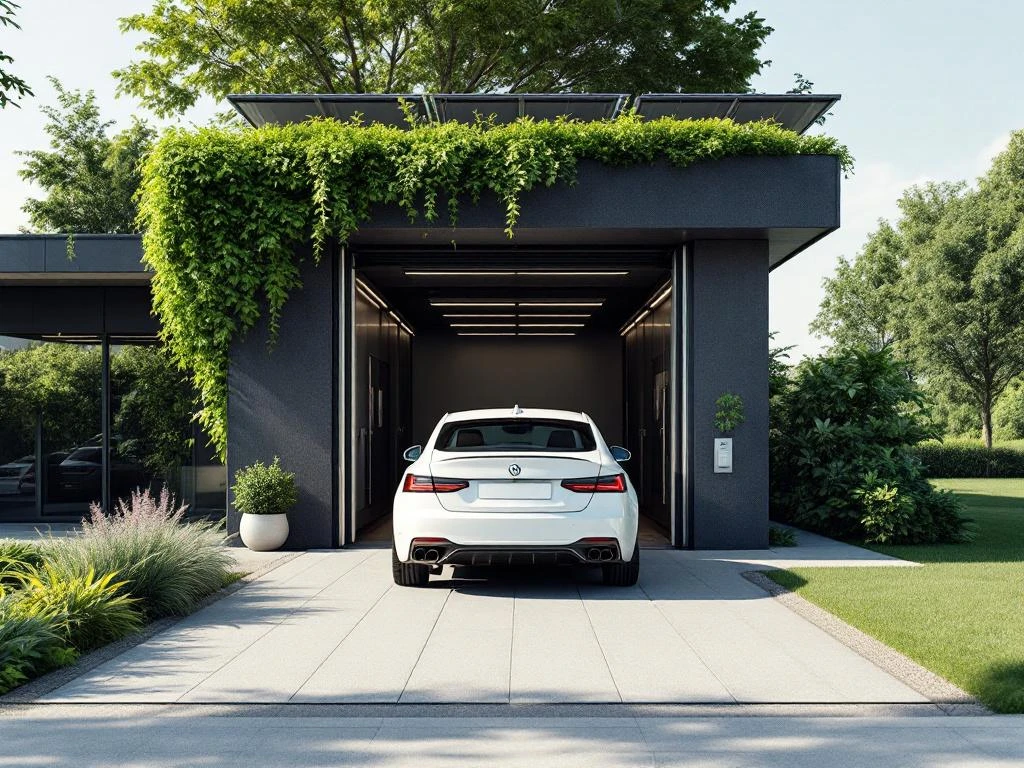 Witte auto bij moderne milieuvriendelijke wasstraat met zonnepanelen en groene beplanting in Wassenaar