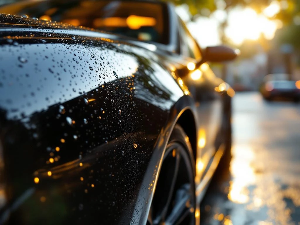 Glanzende luxeauto met spiegelende waslak voor professionele autowasserij, waterdruppels op pristine lak
