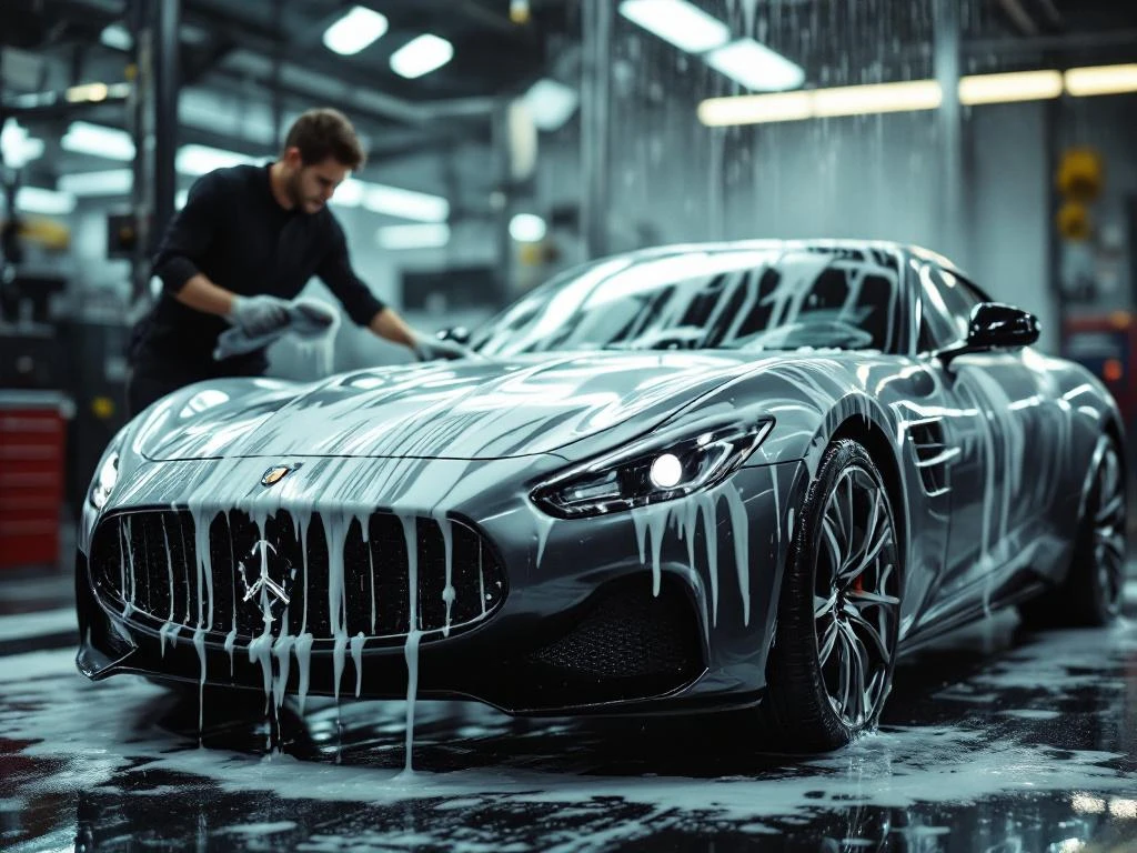Professionele detailer wast luxe auto met zeepsop in premium wasstraat met glanzende chromen details