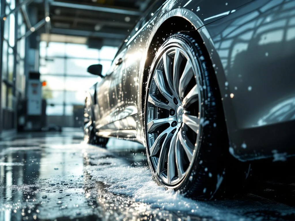 Luxe auto met glanzende chromen wielen bij professionele wasstraat, zeepsop en waterdruppels op gepolijste carrosserie