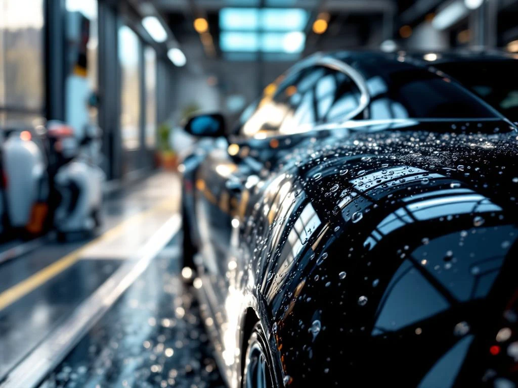 Luxe auto met waterdruppels op glanzende lak bij professionele wasstraat in Nederlandse wijk