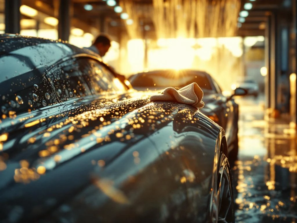 Luxe auto met glanzende lak wordt gedetailleerd door professional bij autowasserette, waterdruppels in zonlicht
