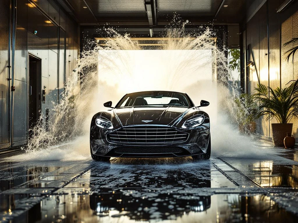 Luxe auto wordt gewassen in moderne wasstraat Noordwijk, zeepsop op glanzende lak, Nederlandse kustarchitectuur op achtergrond