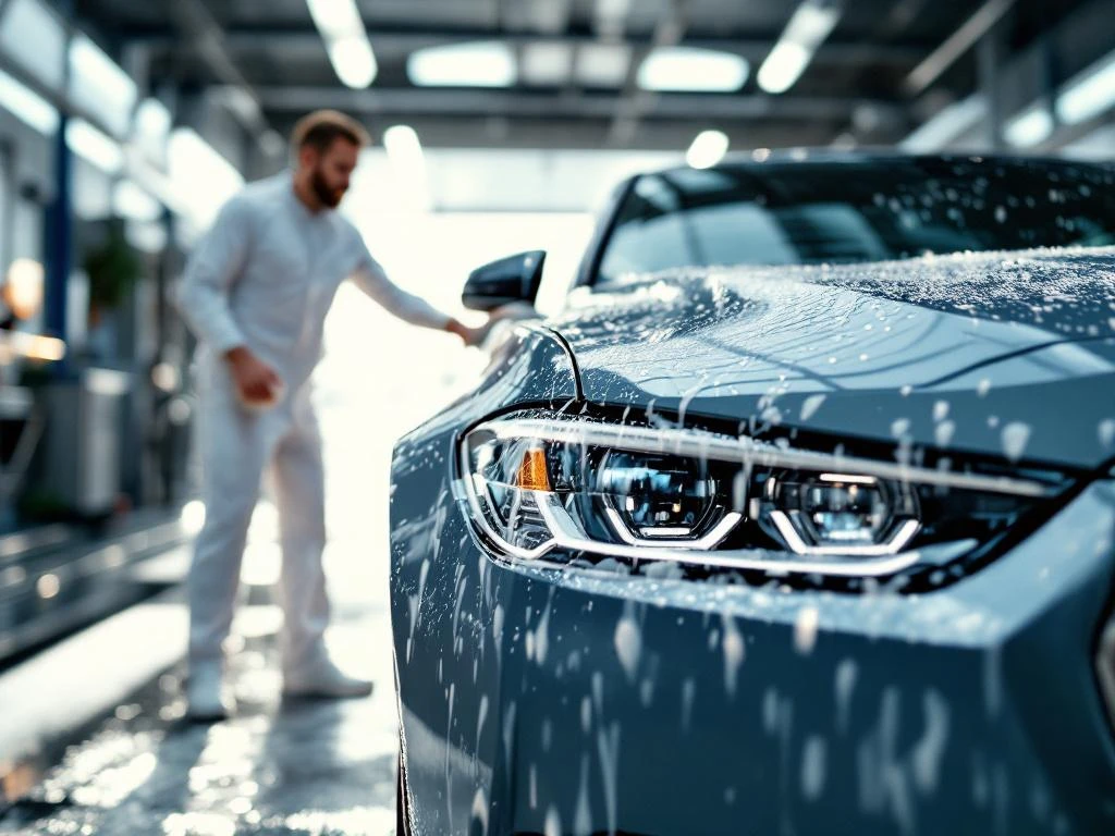 Luxe sedan wordt gewassen bij professionele autowasserij in Wassenaar, medewerker poetst motorkap met microvezeldoek