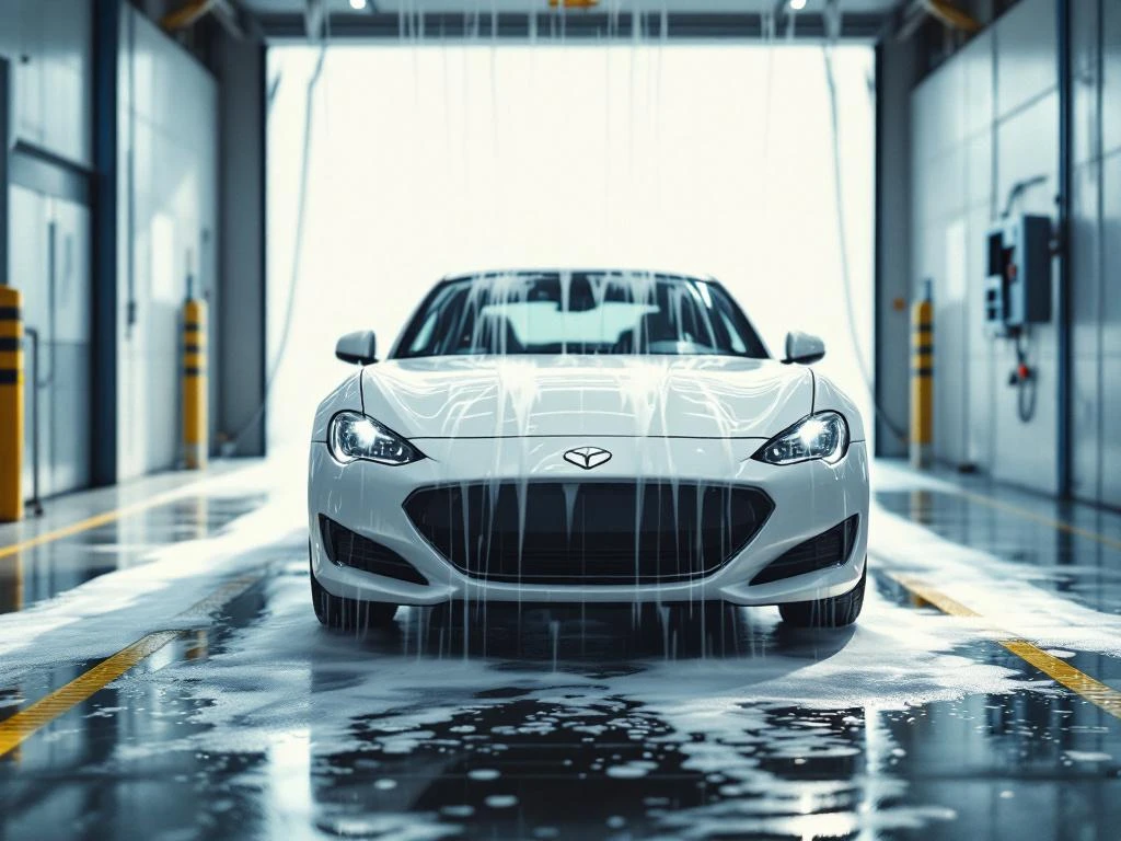 Witte auto met zeepsop en waterdruppels in moderne automatische wasstraat met blauwe apparatuur