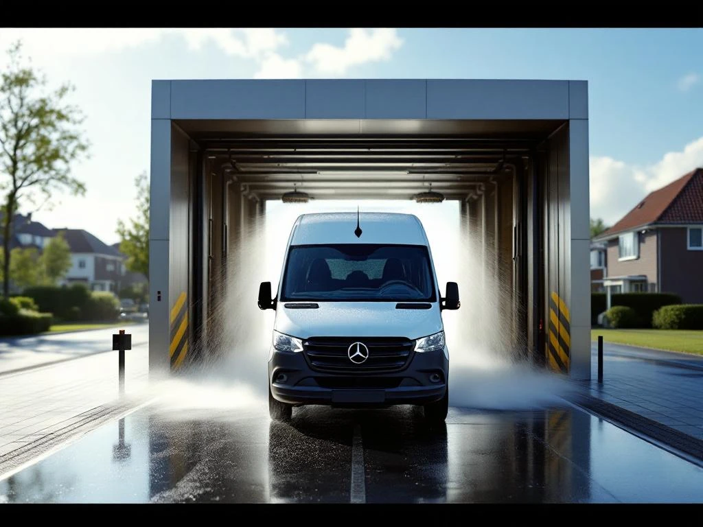 Witte bestelwagen bij moderne wasstraat in Wassenaar met waterdruppels en roterende borstels, Nederlandse woningen op achtergrond