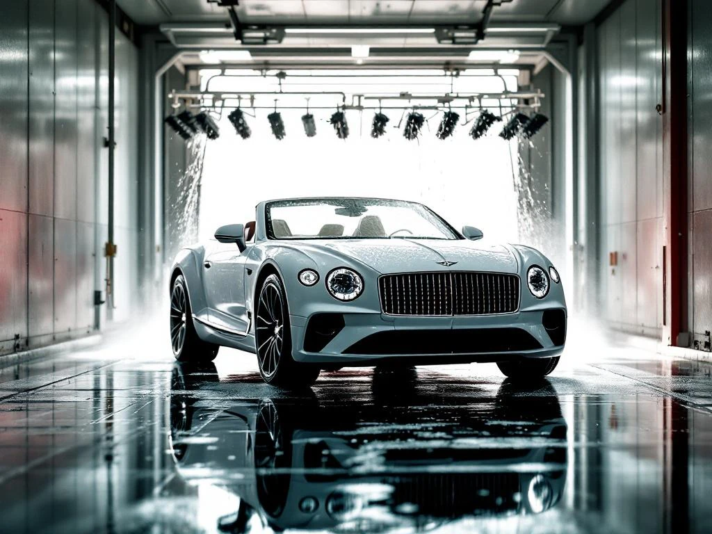 Witte cabrio met kap omlaag bij ingang moderne wasstraat, waterdruppels op gepolijste lak, zonnige dag