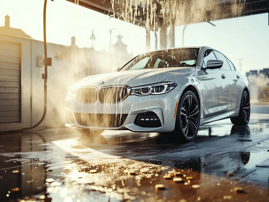 Witte sedan wordt gewassen in moderne wasstraat in Katwijk met zeepsop en hogedrukspuit, Nederlandse kustarchitectuur op achtergrond