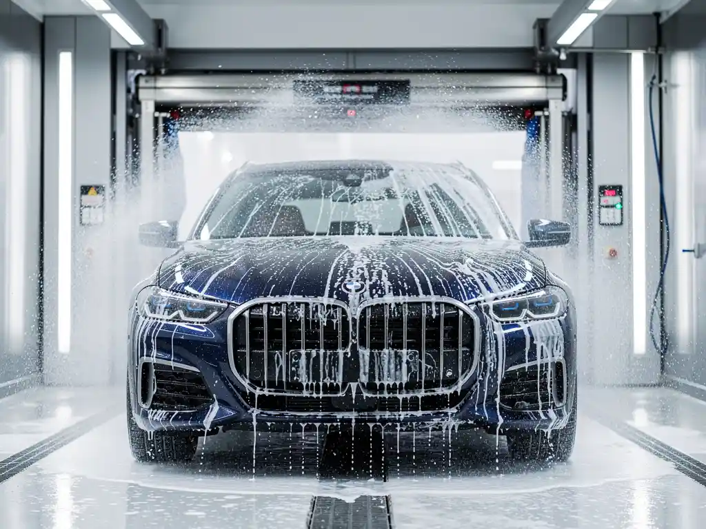 Glanzende auto die een moderne wasstraat verlaat, omgeven door schuim en waterdruppels met blauwe en witte lichtreflecties.