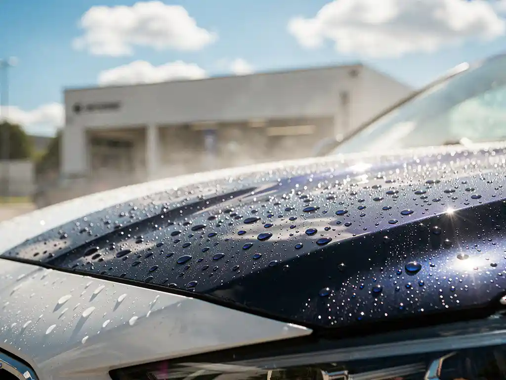 Glanzende autoMotorkap met parelende waterdruppels die verdampen in het middagzonlicht, vlakbij een moderne wasstraat.