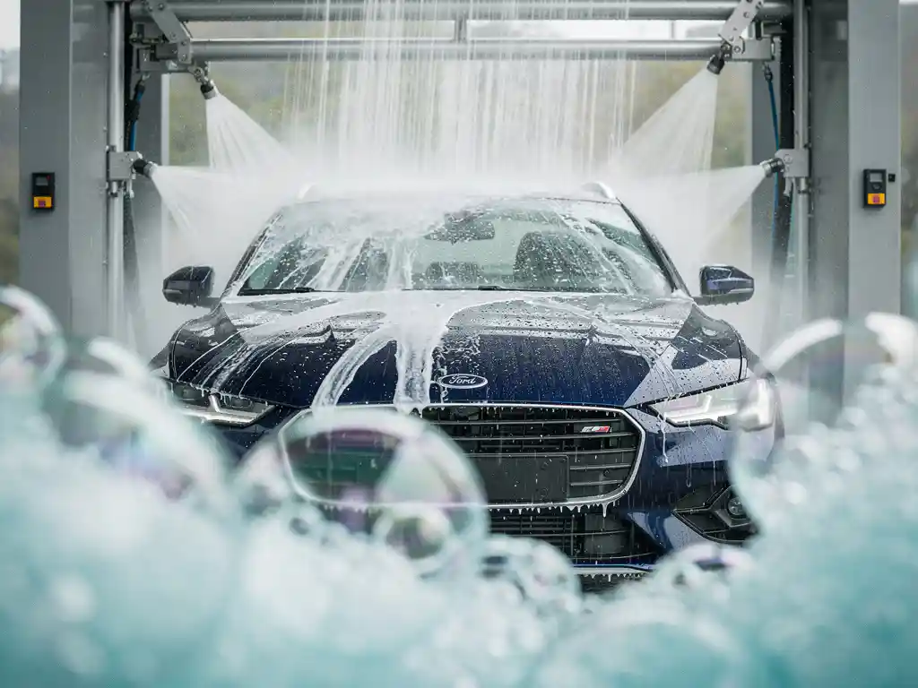 Donkerblauwe auto in automatische carwash, waterstralen spoelen zeepschuim van de motorkap onder diffuus daglicht.