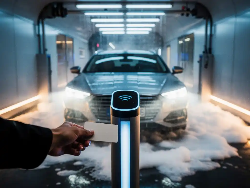 Auto bij ingang van automatische carwash tunnel, contactloos betalen met tap card bij slagboom, zeepschuim en waternevels zichtbaar.