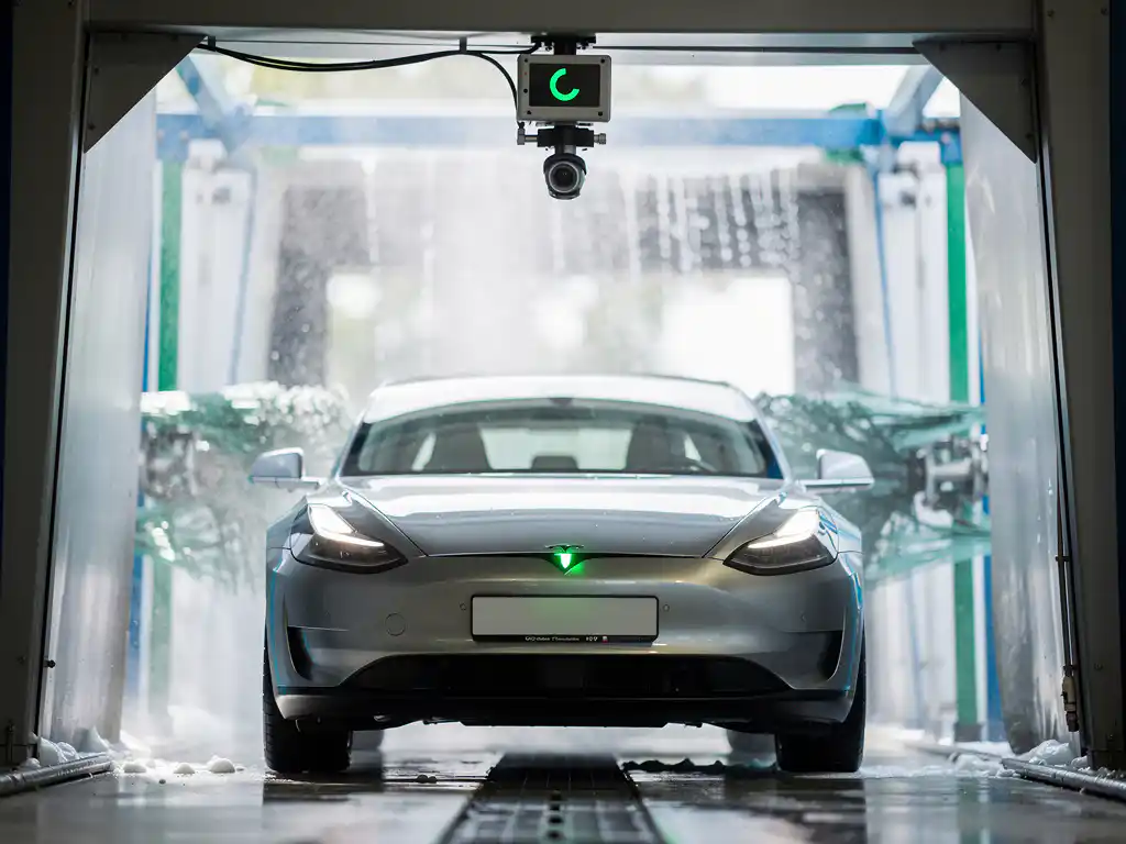 Moderne auto rijdt een automatische carwash in terwijl een camera het kenteken scant met groen bevestigingslicht.
