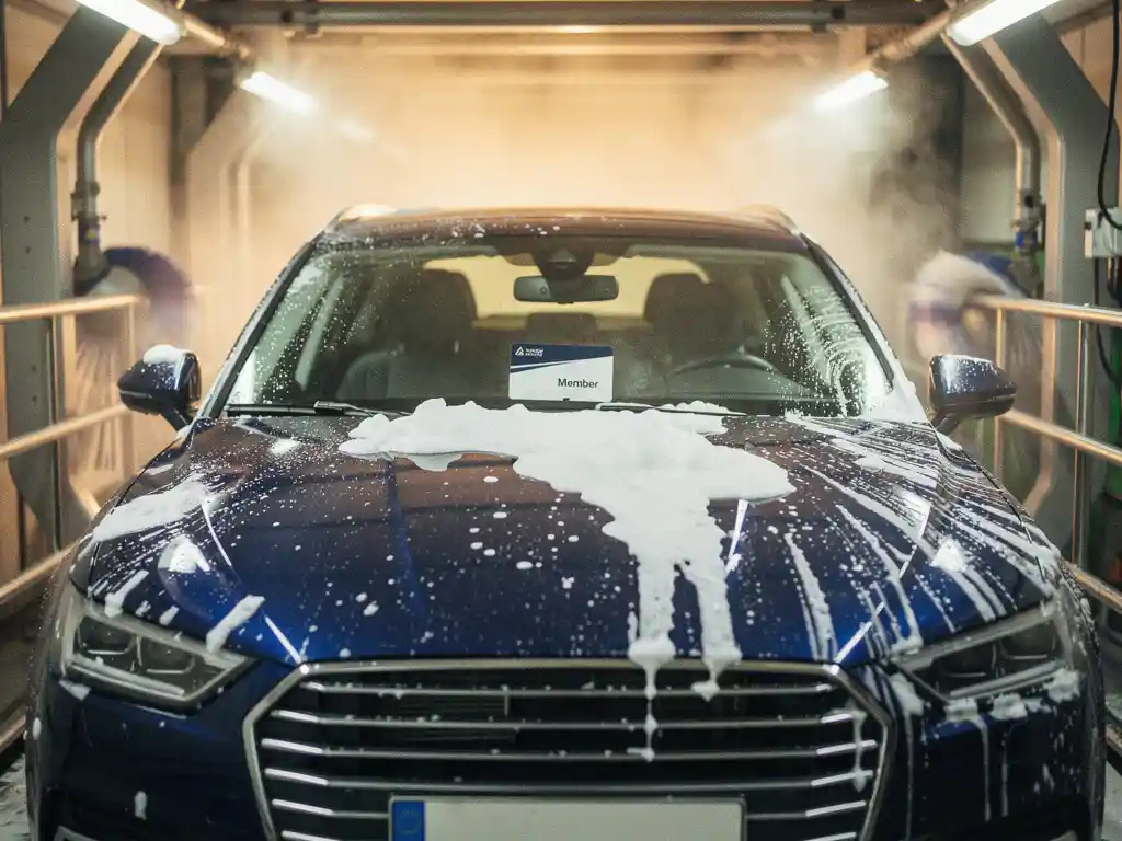 Glanzende donkerblauwe auto in automatische carwash tunnel, schuim over de motorkap, lidmaatschapskaart zichtbaar op dashboard.