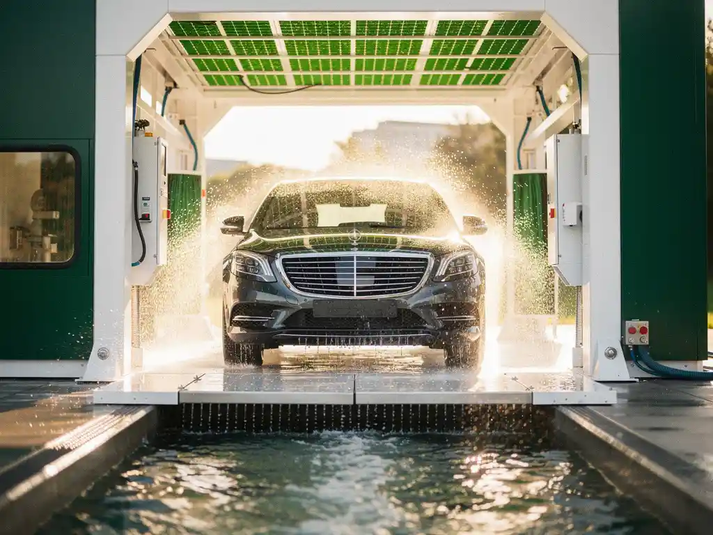 Glanzende auto die een moderne wasstraat verlaat, met waterdruppels, zonnepanelen op het dak en schone opvangkanalen voor hergebruikt water.