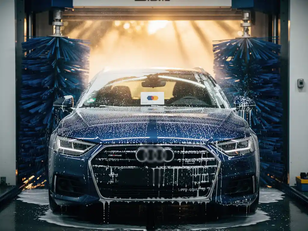 Glanzende natte auto die een moderne wasstraat verlaat, omgeven door schuimborstels en blauwe waterdruppels op gepolijste lak.