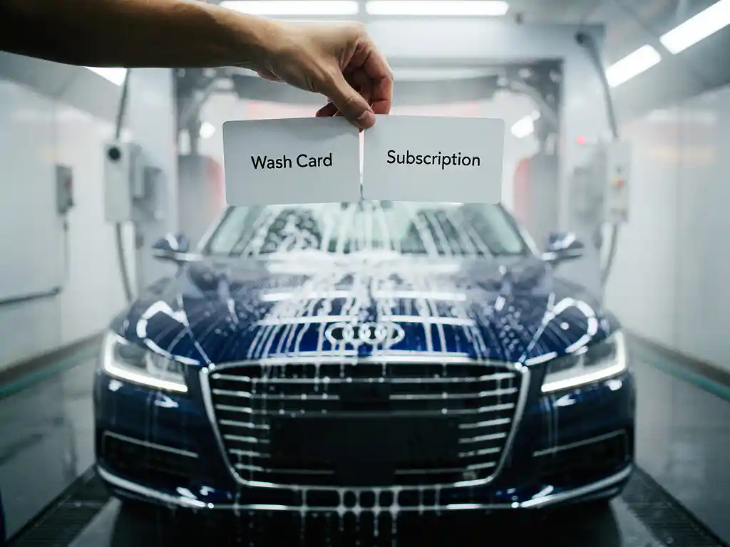 Glanzende natte auto in automatische carwash tunnel, hand houdt waskaart en abonnementskaart naast elkaar boven de motorkap.