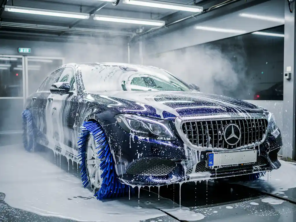 Glanzende auto in automatische wasstraat, omgeven door schuimende zeepbellen en zachte mistnevels, textielborstel langs de carrosserie.