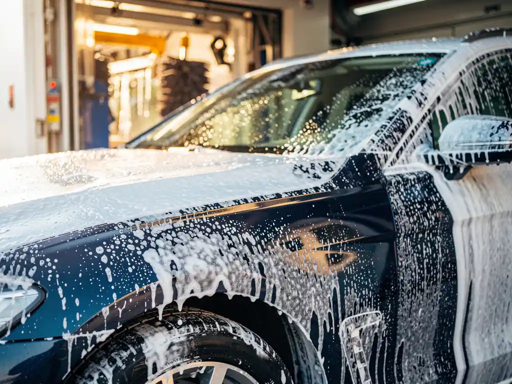 Glanzende auto die uit een carwashtunnel rijdt, omgeven door schuim en waterdruppels in helder middaglicht.