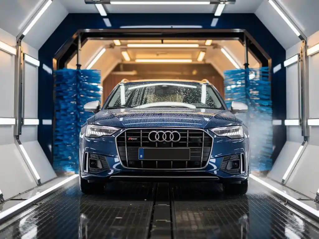 Glanzende auto in automatische carwash tunnel met blauwe schuimborstels en LED-verlichting, waterdruppels op de motorkap.