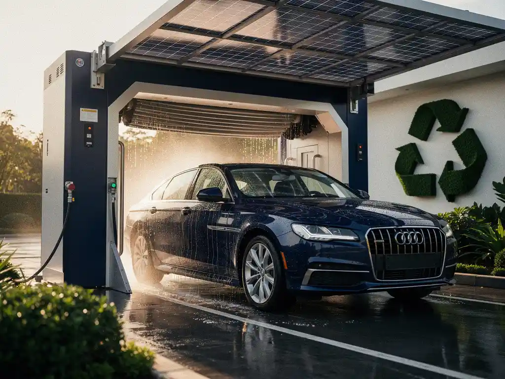 Glanzende natte auto die een moderne wasstraat verlaat, waterdruppels op de carrosserie, zonnepanelen op het dak, gouden middaglicht.