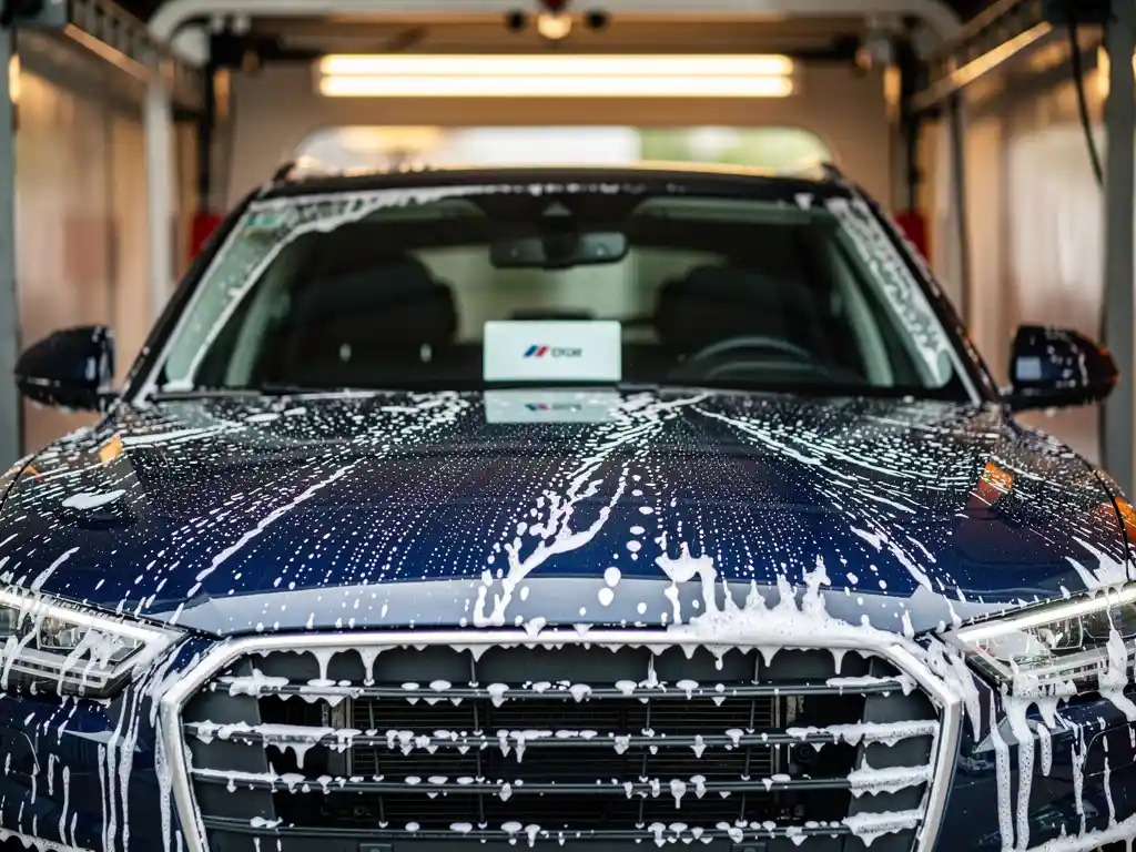Glanzende natte auto die een moderne wasstraat verlaat, met schuimresten op de lak en een abonnementskaart op het dashboard.