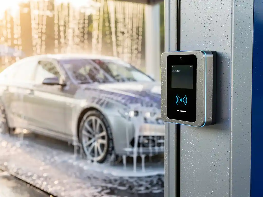 Contactloze betaalterminal bij ingang van een moderne carwash, zilveren sedan glimt op de achtergrond in warm middagzonlicht.